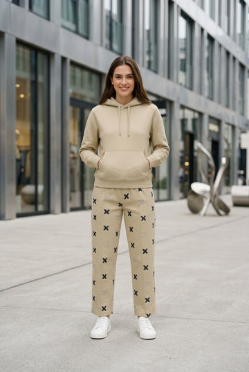 Moclo Classic Beige Printed Regular Fit Woman Track Suit