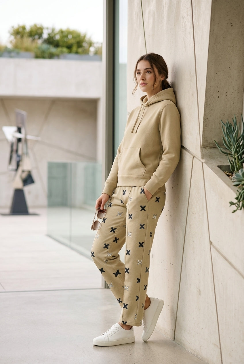 Moclo Classic Beige Printed Regular Fit Woman Track Suit